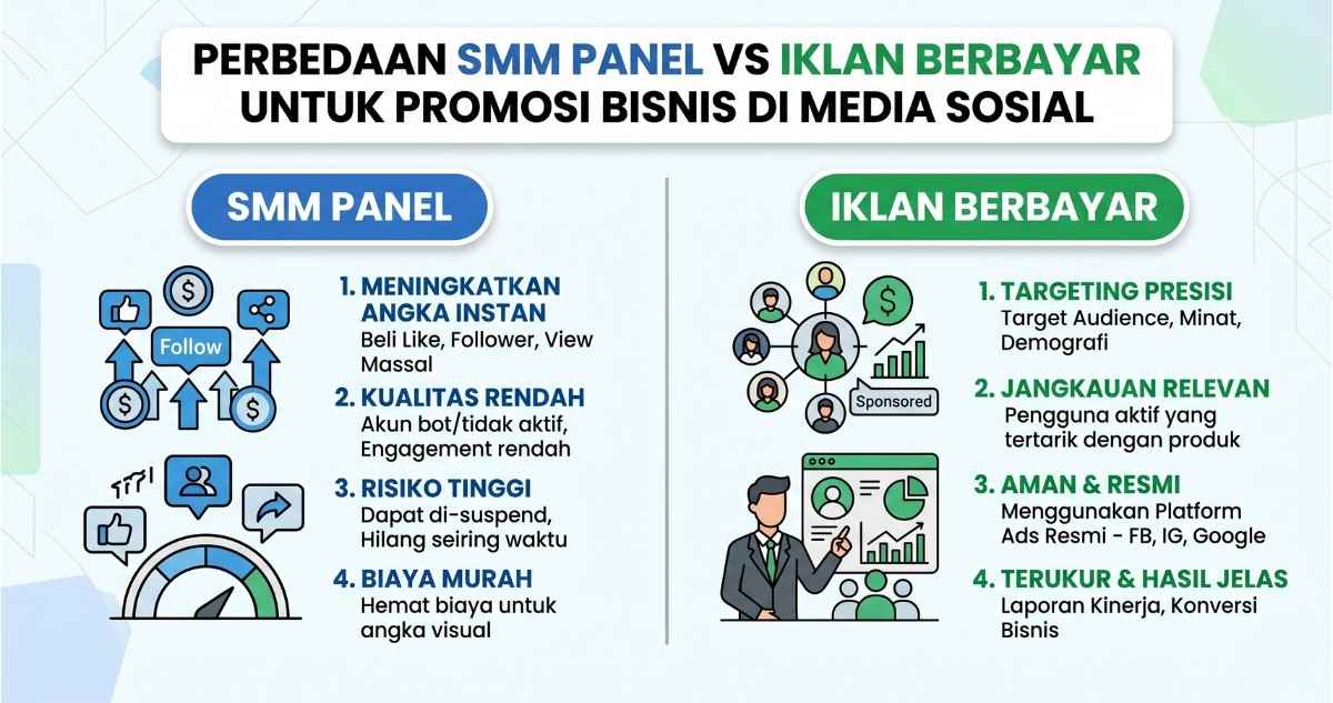 Ilustrasi perbedaan SMM panel dan iklan berbayar untuk promosi bisnis di media sosial Indonesia